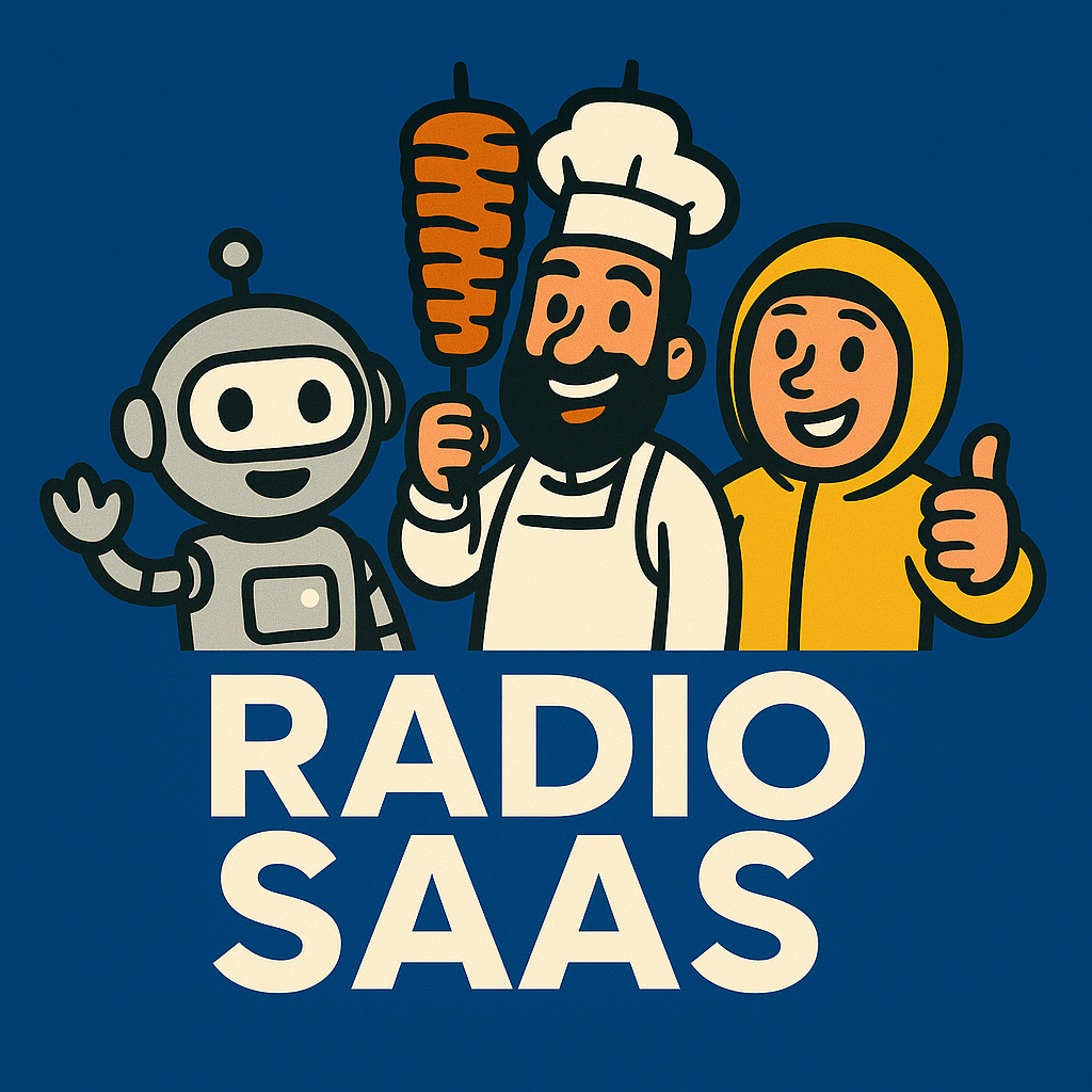 Logo von Radio Saas mit Roboter, Dönerbäcker und Figur in gelber Jacke